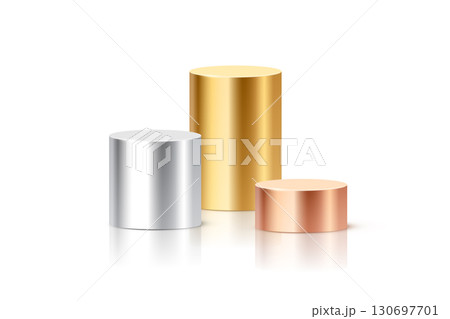 Metallic cylinder podium columns in silver, gold, and bronze colors. 3D cylindrical pedestal pillars for ranking, product display, award ceremony. Realistic vector illustration 130697701