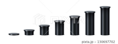 Black cylindrical podiums in ascending height. Minimalist 3D columns for ranking, data visualization, infographics, or product display. Realistic vector illustration 130697702