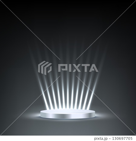 Silver award podium vector illustration. Abstract empty 3d platinum stage with glowing light rays on black background. Luxury product presentation, glamour design for beauty industry Silver award podium vector illustration. Abstract empty 3d platinum stage with glowing light rays on black background. Luxury product presentation, glamour design for beauty industry 130697705