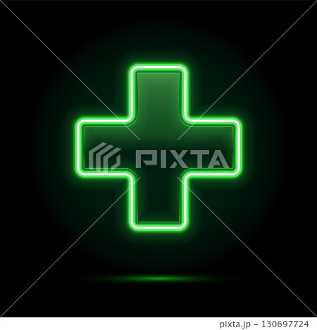 Green neon medical cross sign. Glowing pharmacy or healthcare symbol on dark background. Bright illuminated plus icon for clinic, hospital, or drugstore. 3D realistic vector illustration 130697724
