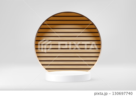 White round podium with wooden arch background. Product display stand. Cosmetic showcase pedestal, platform, stage for product presentation. 3d realistic vector illustration 130697740