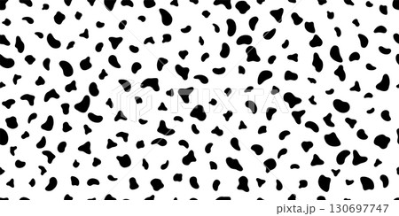 Dalmatian seamless pattern. Black irregular spots on white background creating animal fur texture. Cow, dog, leopard print design for textile, wallpaper, wrapping paper. Abstract vector illustration Dalmatian seamless pattern. Black irregular spots on white background creating animal fur texture. Cow, dog, leopard print design for textile, wallpaper, wrapping paper. Abstract vector illustration 130697747