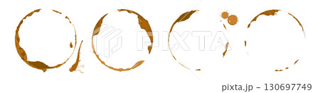 Coffee cup stains set. Brown circular coffee rings and splashes on white background. Realistic beverage marks collection for design, cafe menu decoration. Vector illustration 130697749