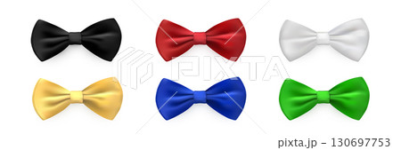 Bow tie set of red, white, black, yellow, green, blur colors. Bowties for business suit. Classic silk neckties vector illustration. Realistic gentleman luxury fashion element of costume Bow tie set of red, white, black, yellow, green, blur colors. Bowties for business suit. Classic silk neckties vector illustration. Realistic gentleman luxury fashion element of costume 130697753
