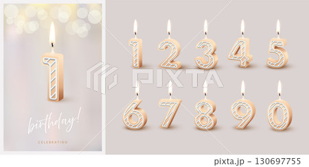 Birthday anniversary beige candles set template with number 1. Celebration birthday vector background. Beige wax numbers with candlelight on gray for party invitation, greeting card, poster, event 130697755