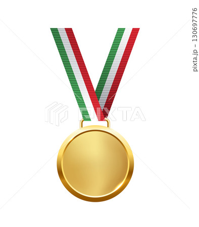 Golden medal. Realistic 3D award medal with ribbons, symbolizing first place in sports, competitions, and athletic events. Vector illustration 130697776