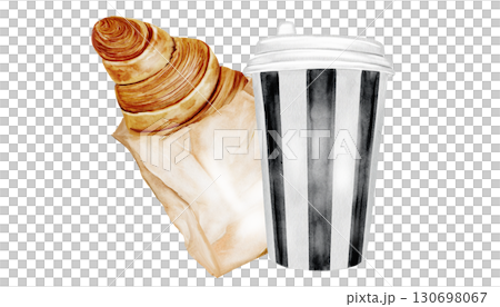 Coffee cup and croissant watercolor illustration. Hand drawn fresh french bun with with hot cappuccino. Food clip art. Ideal for bakery prints, postcards and pastry shop posters. 130698067