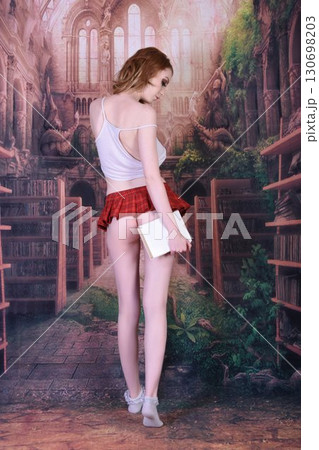 Tall, pretty, shapely redhead model dressed as a schoolgirl in a fantasy library 130698203