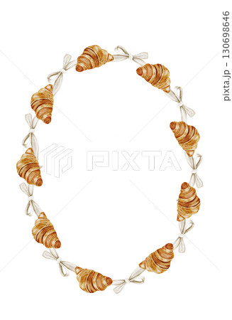 Croissant watercolor frame. Hand drawn fresh french bun with a bow. Food clip art. Ideal for bakery prints, postcards and pastry shop posters. Croissant watercolor frame. Hand drawn fresh french bun with a bow. Food clip art. Ideal for bakery prints, postcards and pastry shop posters. 130698646