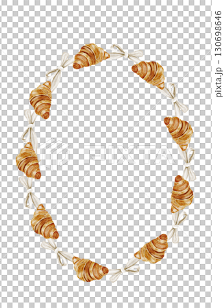 Croissant watercolor frame. Hand drawn fresh french bun with a bow. Food clip art. Ideal for bakery prints, postcards and pastry shop posters. Croissant watercolor frame. Hand drawn fresh french bun with a bow. Food clip art. Ideal for bakery prints, postcards and pastry shop posters. 130698646