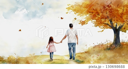 Autumn watercolor family father daughter scene emotional artistic seasonal lifestyle concept illustration 130698688