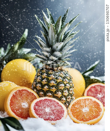 Tropical fruits pineapple orange grapefruit splashing in water with ice refreshing design Tropical fruits pineapple orange grapefruit splashing in water with ice refreshing design 130698707