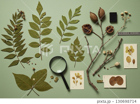 Botanical Study Flatlay with Pressed Leaves, Seed Pods, and Scientific Field Notes on Sage Background 130698714