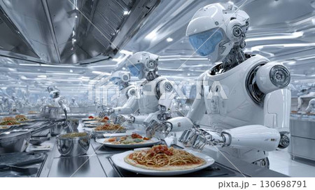 未来の巨大な厨房で大量の食事を調理するロボットたち 130698791