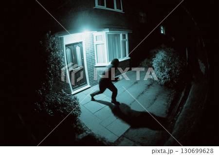 man burglar thief breaks down the door to house at night. House robbery. Home security and alarm. Video recording from a street surveillance system. Outside CCTV dark record 130699628