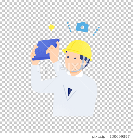 タブレットを使い建設現場で写真撮影や測量を行う現場監督 130699897