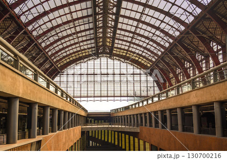 Perspective view of the huge lattice and roof of the old gallery and modern elements of building structures 130700216