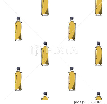 Yellow Olive oil bottle seamless pattern. Vector graphic line ink colored illustration. Silhouette sign for logo, print, comics, fashion, pop art, boards, design, stickers, decoration, posters 130700710
