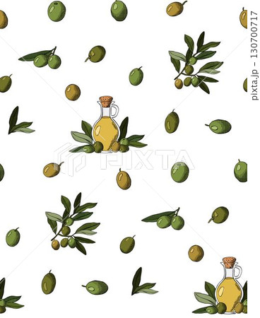 Olives and Olive oil bottle seamless pattern. Vector graphic line ink colored illustration. olive twigs on beige Banner, poster, wrapping paper, sticker, print, modern textile design. Olives and Olive oil bottle seamless pattern. Vector graphic line ink colored illustration. olive twigs on beige Banner, poster, wrapping paper, sticker, print, modern textile design. 130700717