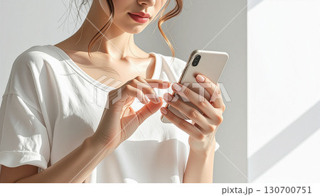 明るい室内でスマホを操作する若い女性 130700751