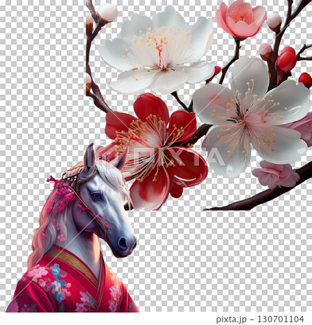 2026年午年 白赤ピンクの梅の花と赤の着物を着た馬 2026年午年 白赤ピンクの梅の花と赤の着物を着た馬 130701104