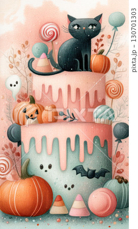Colorful Halloween cake illustration featuring a black cat, pumpkins, and candy, creating a festive and whimsical atmosphere for seasonal celebrations 130701303