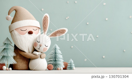 Santa Claus character hugging a cute bunny surrounded by festive trees and decorative elements, creating a joyful Christmas atmosphere with copy space 130701304