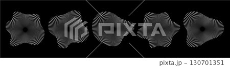 Circular sound waves. Abstract circular lines pattern. Music audio bursts. Ring of thin rays with wavy silhouette. Radial spectrum design. White geometric waveform vector set isolated on black 130701351