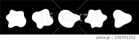 Organic blob irregular round abstract shapes vector set. White liquid circle random amoebas isolated on black background. Fluid bobble blotch forms, deform drops, grey smooth pebbles 130701352