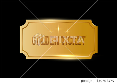 Golden ticket on black background. Gold coupon, sticker or discount tag mockup. Cinema, theater, concert, party, event, festival invitation entrance. Realistic vector illustration 130701375