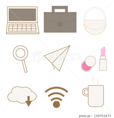 ビジネス＆ライフスタイル アイコンセット（パソコン・Wi-Fi・カバン・メイク・コーヒー） 130701673