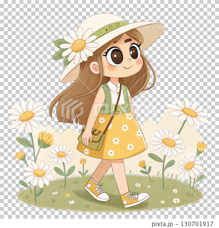 Cute anime-style girl standing in a sunny flower 130701917