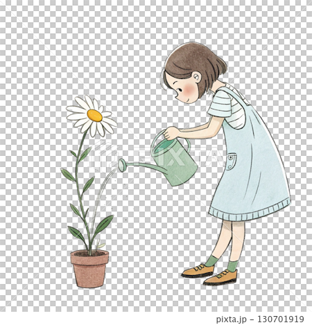 Cute anime-style girl standing in a sunny flower 130701919