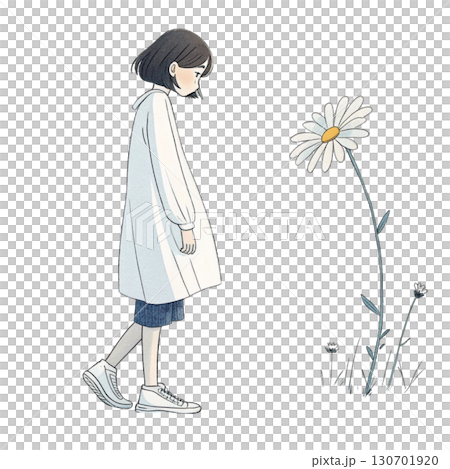 Cute anime-style girl standing in a sunny flower 130701920