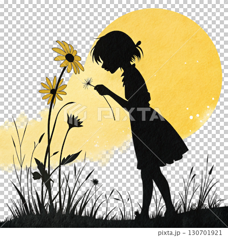 Cute anime-style girl standing in a sunny flower 130701921