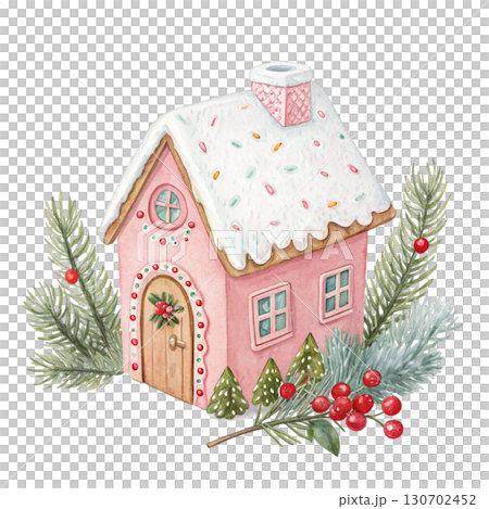 Watercolor illustration of a pastel pink gingerbread house 130702452