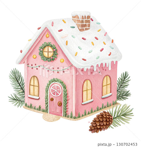 Watercolor illustration of a pastel pink gingerbread house 130702453