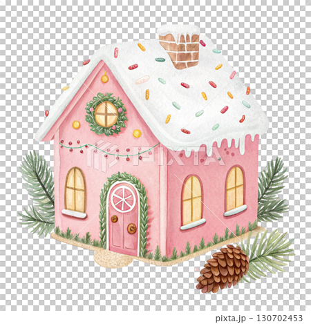 Watercolor illustration of a pastel pink gingerbread house 130702453