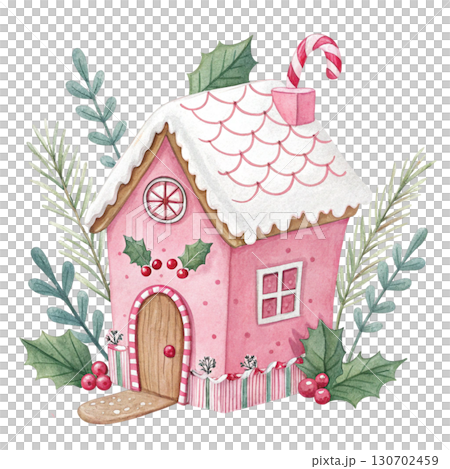 Watercolor illustration of a pastel pink gingerbread house 130702459