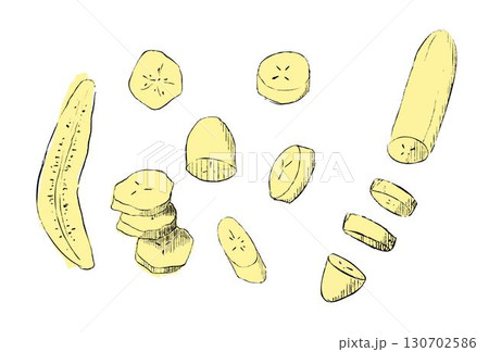 Banana slices set, graphic illustration. Fruit drawing, vector illustration. 130702586