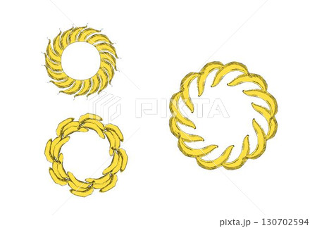 Set fruits bananas round circle frames. Vector graphic cartoon Healthy lifestyle eating. Farmers market. Yellow 130702594