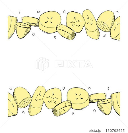 Seamless horizontal border with banana slices. Graphic hand drawn vector illustration. Healthy vitamin natural food Seamless horizontal border with banana slices. Graphic hand drawn vector illustration. Healthy vitamin natural food 130702625