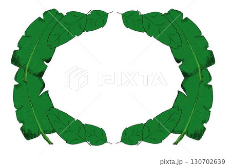 Tropical graphic oval ellipse frame with flowers and leaves. Hand-painted background with place for text. Vector Beautiful decoration for wedding and greeting cards, stationery, and more. 130702639