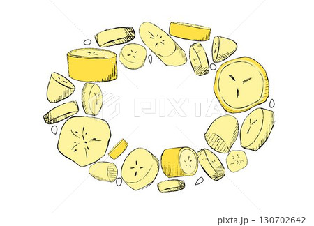 Pieces of banana slice snack oval ellipse frame. Vector Topical fresh banana slice cut fruit in Graphic. National Banana Day Pieces of banana slice snack oval ellipse frame. Vector Topical fresh banana slice cut fruit in Graphic. National Banana Day 130702642