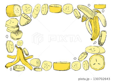 Summer greeting card with full bananas and skin and slices in oval ellipse frame template for your text. Vector graphic illustration Perfect for holiday invitations 130702643