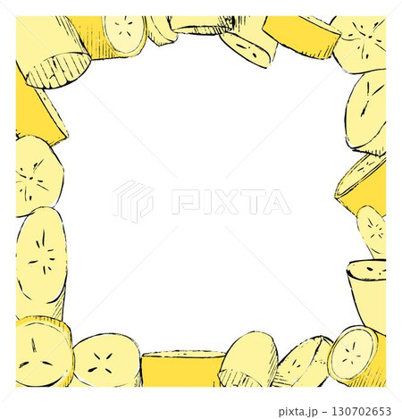 Square frame with graphic bananas slices in the peel on the background. Vector illustration. Suitable for print, social media and backdrops. Square frame with graphic bananas slices in the peel on the background. Vector illustration. Suitable for print, social media and backdrops. 130702653