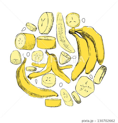 Summer fruit banana round composition for your logo. Graphic illustration. Vector illustration Summer fruit banana round composition for your logo. Graphic illustration. Vector illustration 130702662