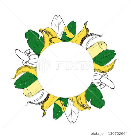 Banana graphic round circle frame, vector illustration banana with tropical leaves. Hand drawn ripe tropical fruit round border. Ideal for designing menus, price tags, labels and packaging 130702664