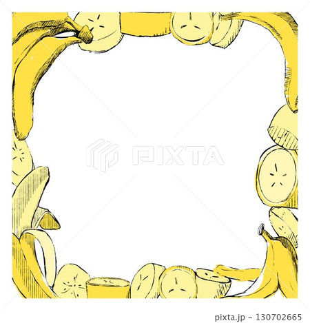 Fresh ripe yellow banana square frame. graphic hand drawn illustration, isolated on white background 130702665