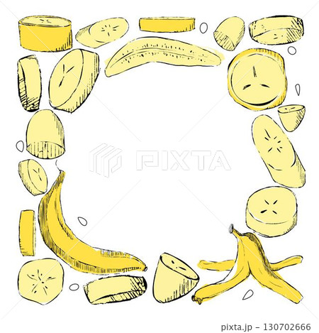 Square frame with circle inside made of Bananas and slices in graphic. Vector illustration. Suitable for printing on fabric and paper, for dishes, kitchen, creativity. Square frame with circle inside made of Bananas and slices in graphic. Vector illustration. Suitable for printing on fabric and paper, for dishes, kitchen, creativity. 130702666